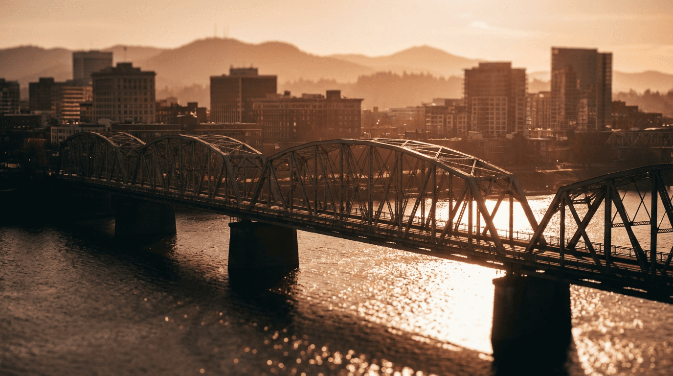 Iconic Portland bridge at golden hour with Willamette River and downtown skyline backdrop, warm lighting and atmospheric haze.